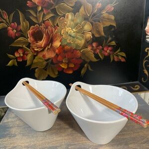 Crofton white ceramic stoneware rice bowls & chop sticks set of 2